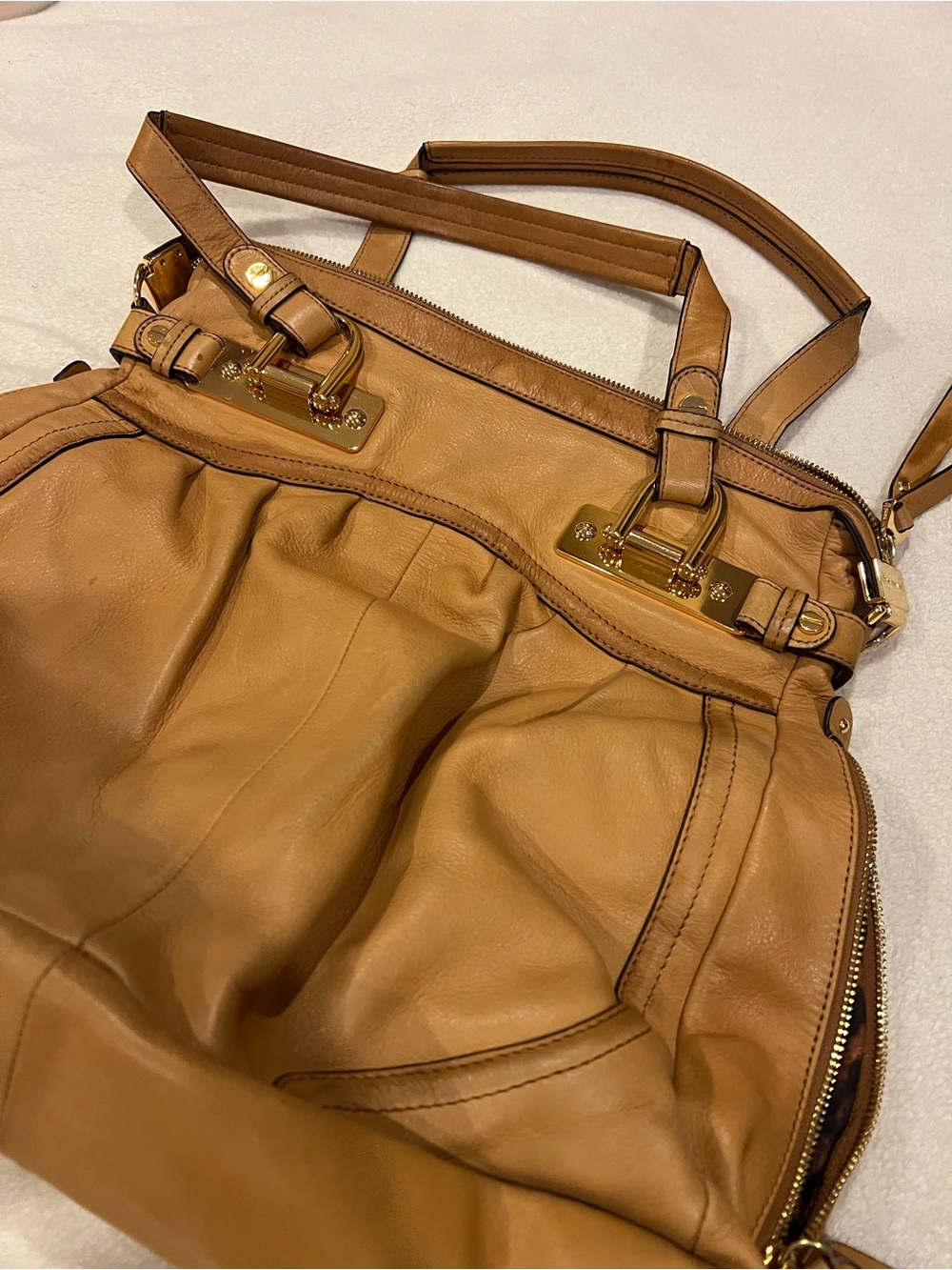 b. makowsky Tan Leather Shoulder Bag with Gold Hardware